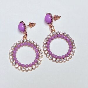 Earrings-NIP, Vintage lilac acrylic/clear rhinestones, dangle circles, 1.25 diam